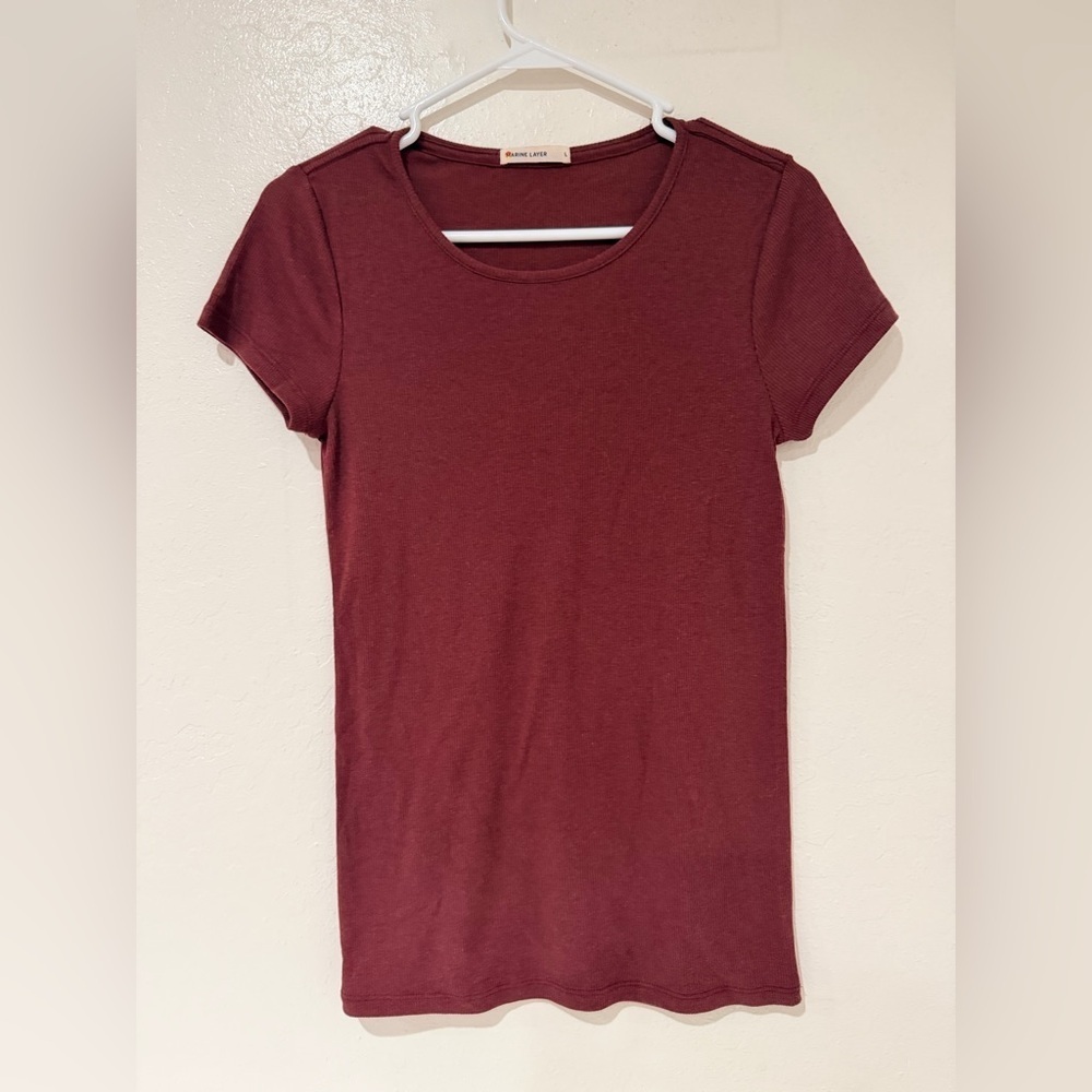 Marine Layer Women's Burgundy Ribbed Short Sleeve Tee Shirt size L
